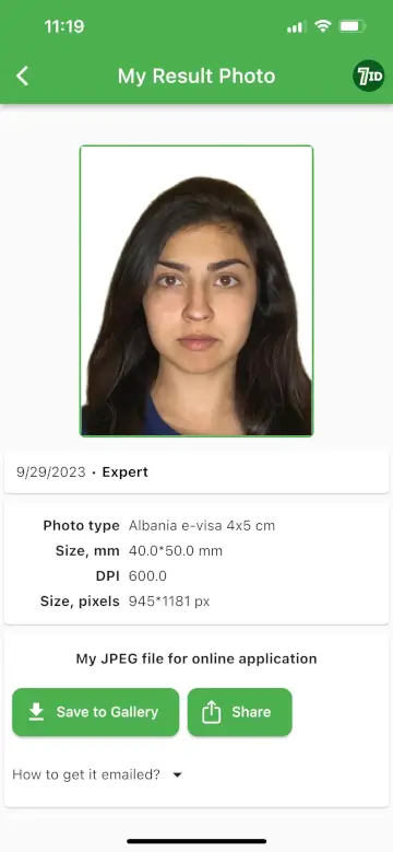 Aplikace 7ID: Ukázka fotografie Albánie Visa