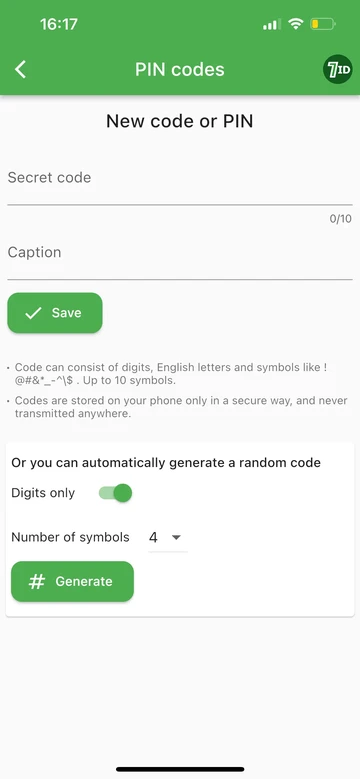 7ID: නව PIN කේතයක් එක් කරන්න හෝ එය ජනනය කරන්න