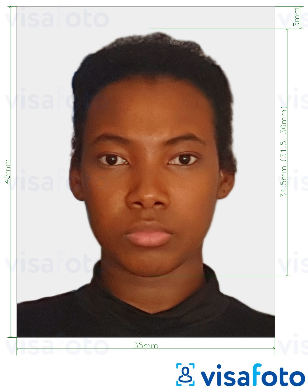 Saint Kitts and Nevis паспортын зураг 35x45 мм (1.77x1.38 инч) Болоцоот зургийн жишээ